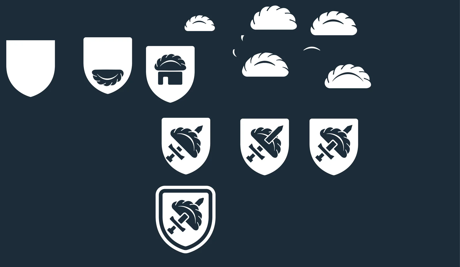 Working drawings: shield shapes, pasty forms and sword variants, and the crest assembled from them